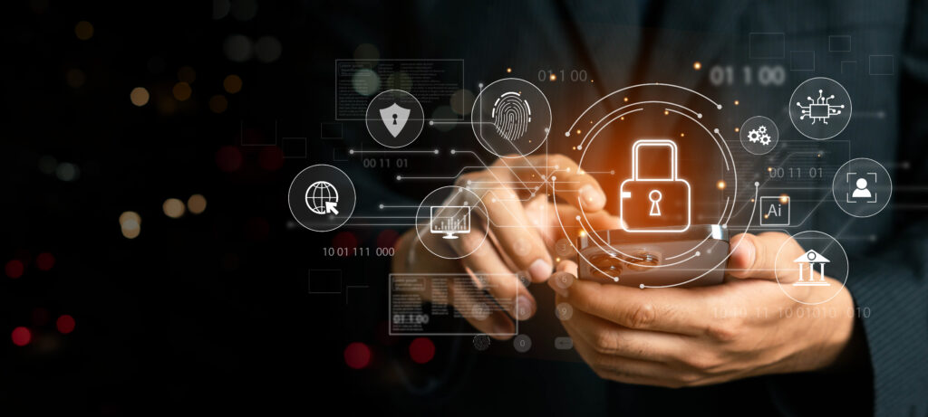 User using mobile phone with digital padlock on internet technology network security with cloud security and data encryption, cybersecurity, Cyber security network. Data protection concept.