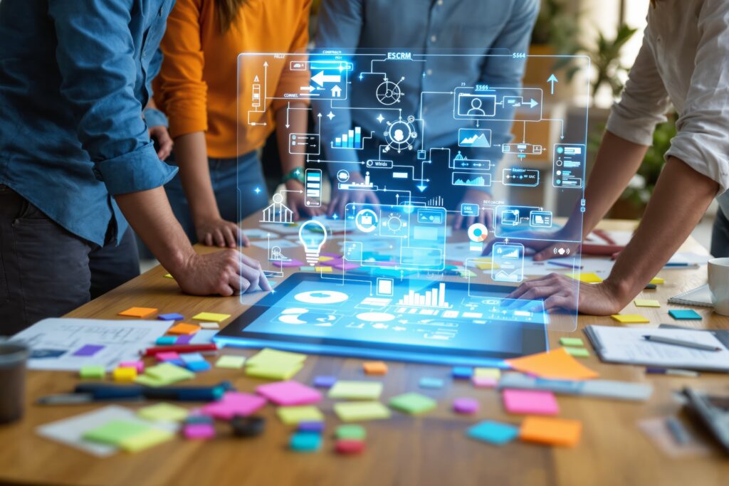 Group collaborating on a project, holographic interface, modern workspace, digital tools, wooden desk background, concept of teamwork, creativity. Ai generative.
