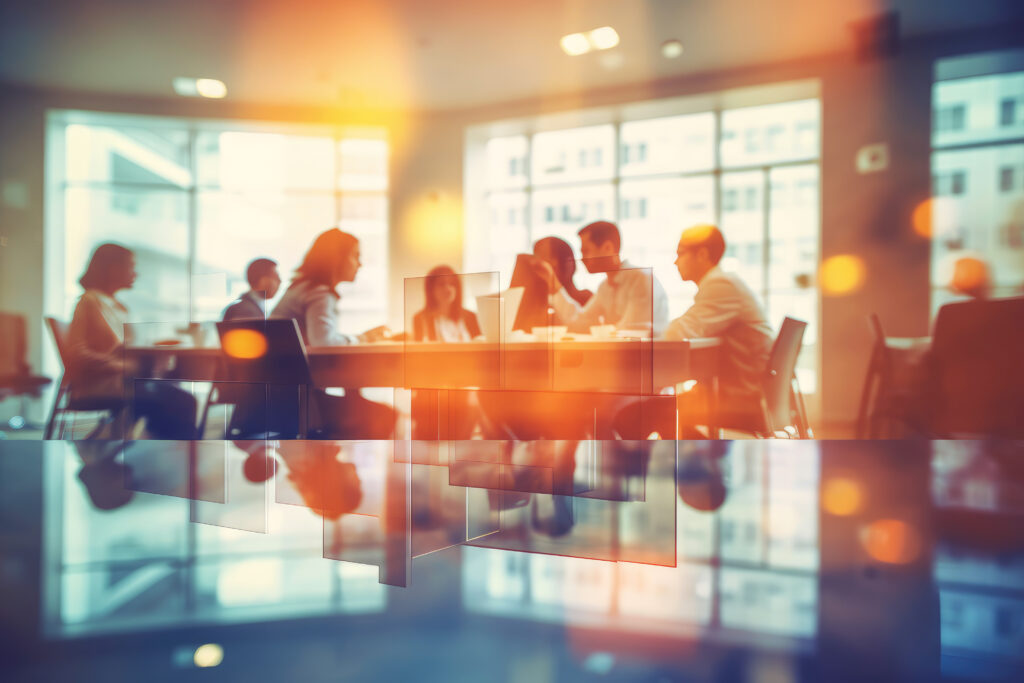 Corporate people working together in the conference room of their office, sharing idea and planning the business strategy of their company - Teamwork and brainstorming concept